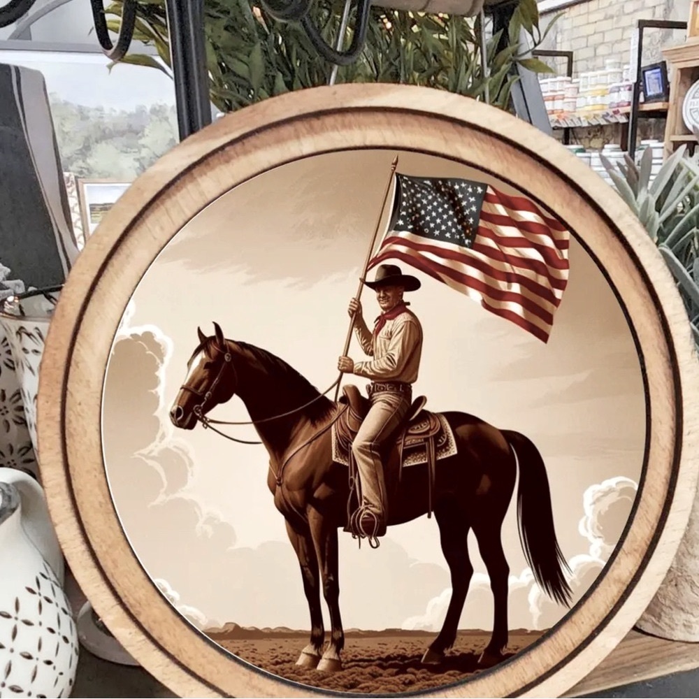 Cowboy on Horse with American Flag 8” Round Frame